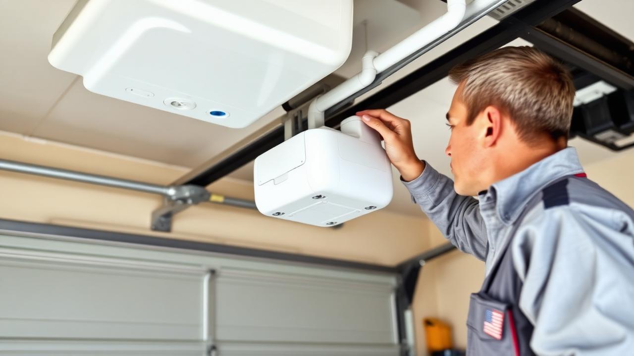 Technician inspecting a residential garage door opener mounted on the ceiling rail in Hillsborough, NC