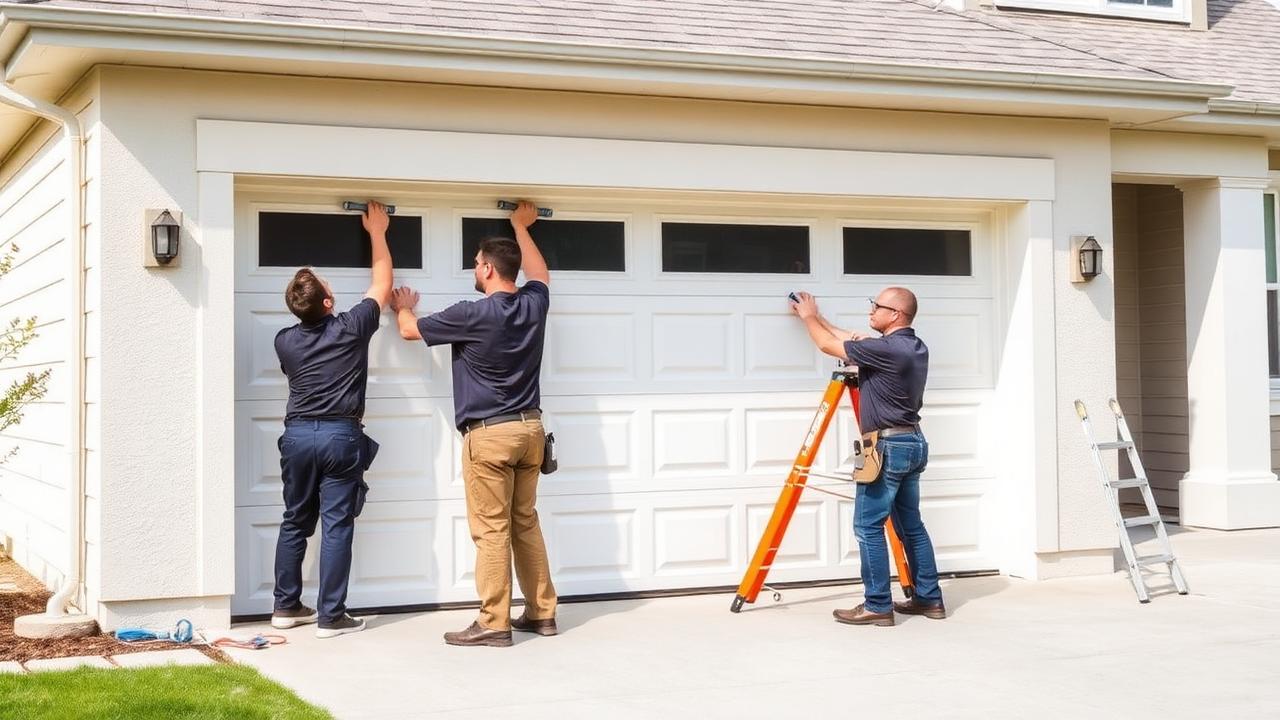 Technicians installing a new residential garage door on a Hillsborough, NC home
